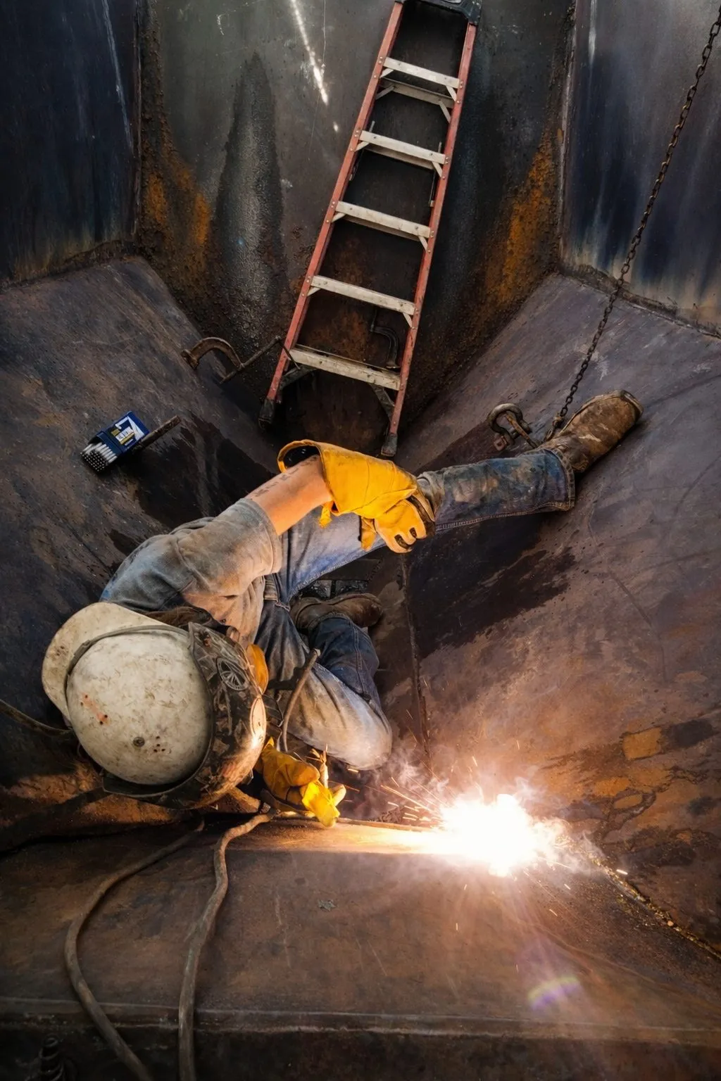 Tyler welding inside a steel container, sparks lighting the floor, with a ladder set down through the opening.