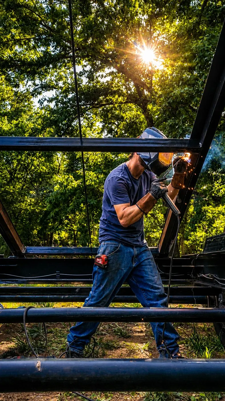 Tyler Edwards welding a steel frame outdoors at sunset, hood down, grinder in hand